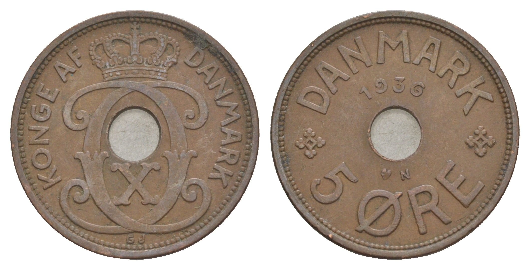 Дания 5 эре 1936 N, Кристиан X (1912-1947) KM 828 бронза 4638-624