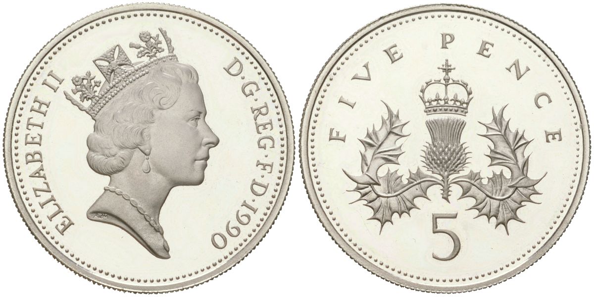 Великобритания 5 пенсов 1990 Елизавета II (1952-2022) KM 937a, Spink D3 серебро PROOF 1066-4-15