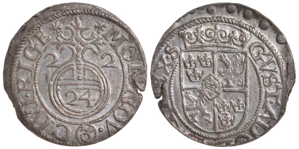 Ливония, Рига, Шведская оккупация 1621-1721 1/24 талера 1622 Густав II Адольф, штемпель KM 10 серебро  UNC  633-132