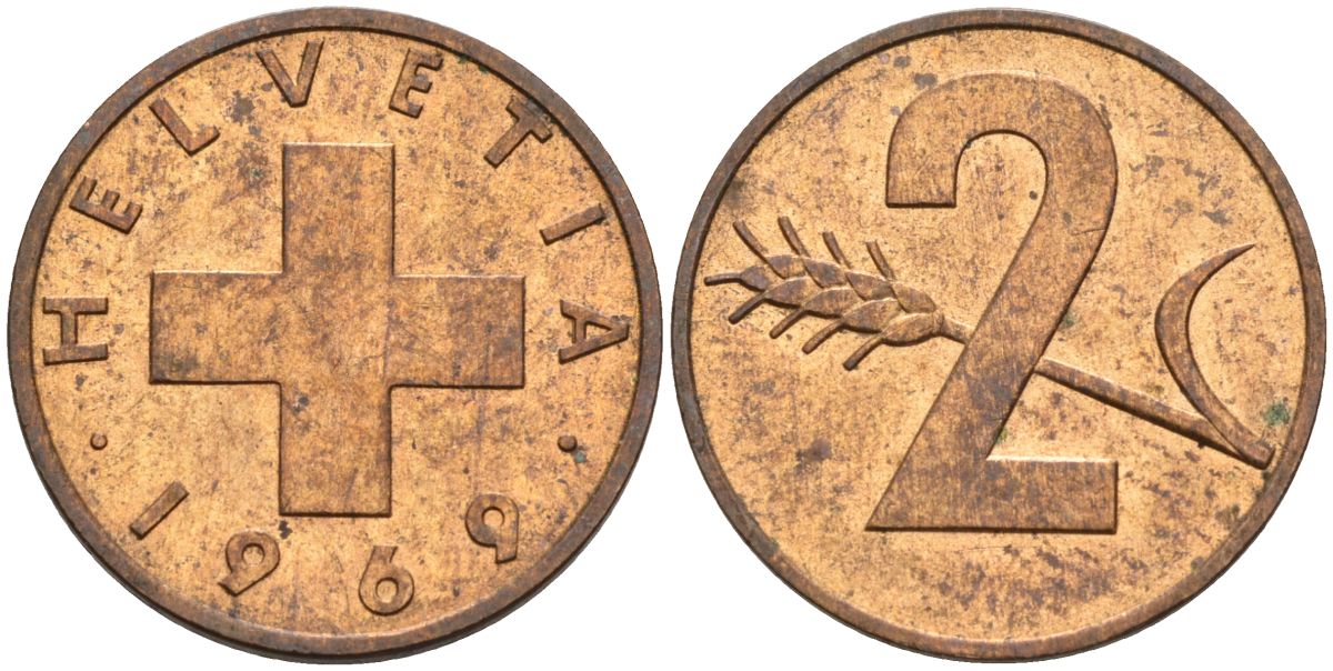 Швейцария 2 раппена 1969 KM 47 бронза 4561-341