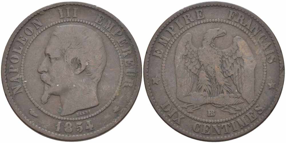 ФРАНЦИЯ 10 САНТИМОВ 1854 BB, НАПОЛЕОН III (1852-1870) KM 771.3, LE FRANC 133.12 бронза 38-935