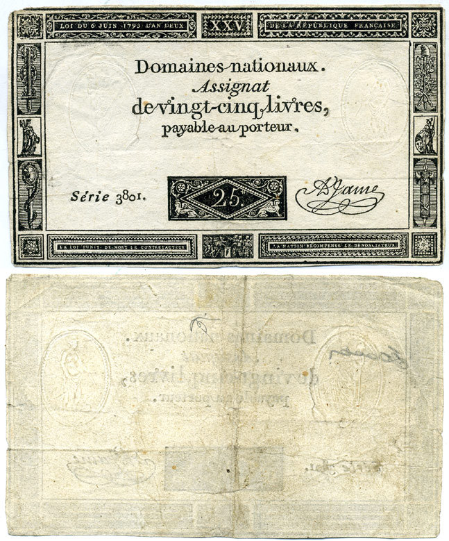 ФРАНЦИЯ 25 ЛИВРОВ 1793 6 ИЮНЯ 1793, СЕРИЯ 3801, ПОДПИСЬ ДЖЕЙМИ Pick А71 бумага 7485-6-2