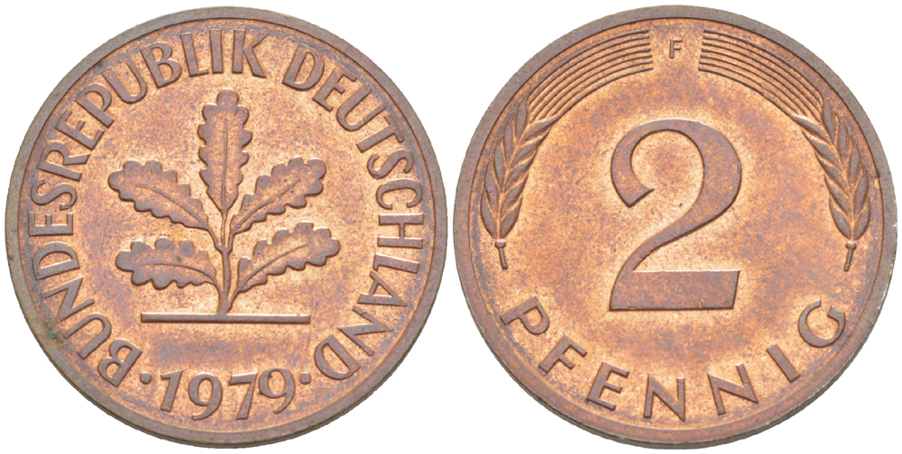 ФРГ 2 ПФЕННИГА 1979 F KM 106а, J. 381а сталь плакированная сталь плакированная медьюю 4181-832