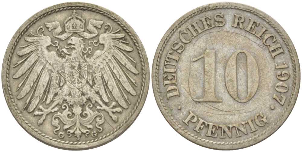 Германия 10 пфеннигов 1907 G KM 12, J. 13, Weege 8 медно-никель 259-954