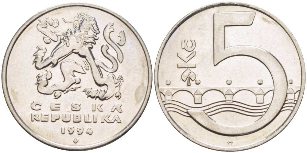Чехия 5 крон 1994 чешский лев, Карлов мост KM 8 сталь плакированная никелем 4514-725