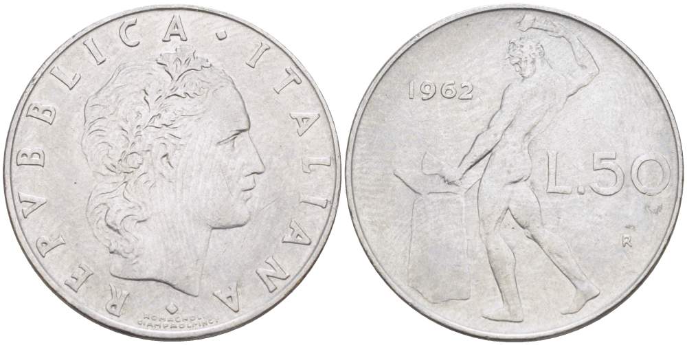 ИТАЛИЯ 50 ЛИР 1962 R, КУЗНЕЦ, ВУЛКАН БОГ ОГНЯ, ДИАМЕТР 25 ММ. KM 95.1 нержавеющая сталь 4448-936