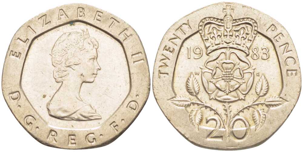 Великобритания 20 пенсов 1983 Елизавета II (1952-2022) KM 931, Spink 4230 (G1) медно-никель 175-626