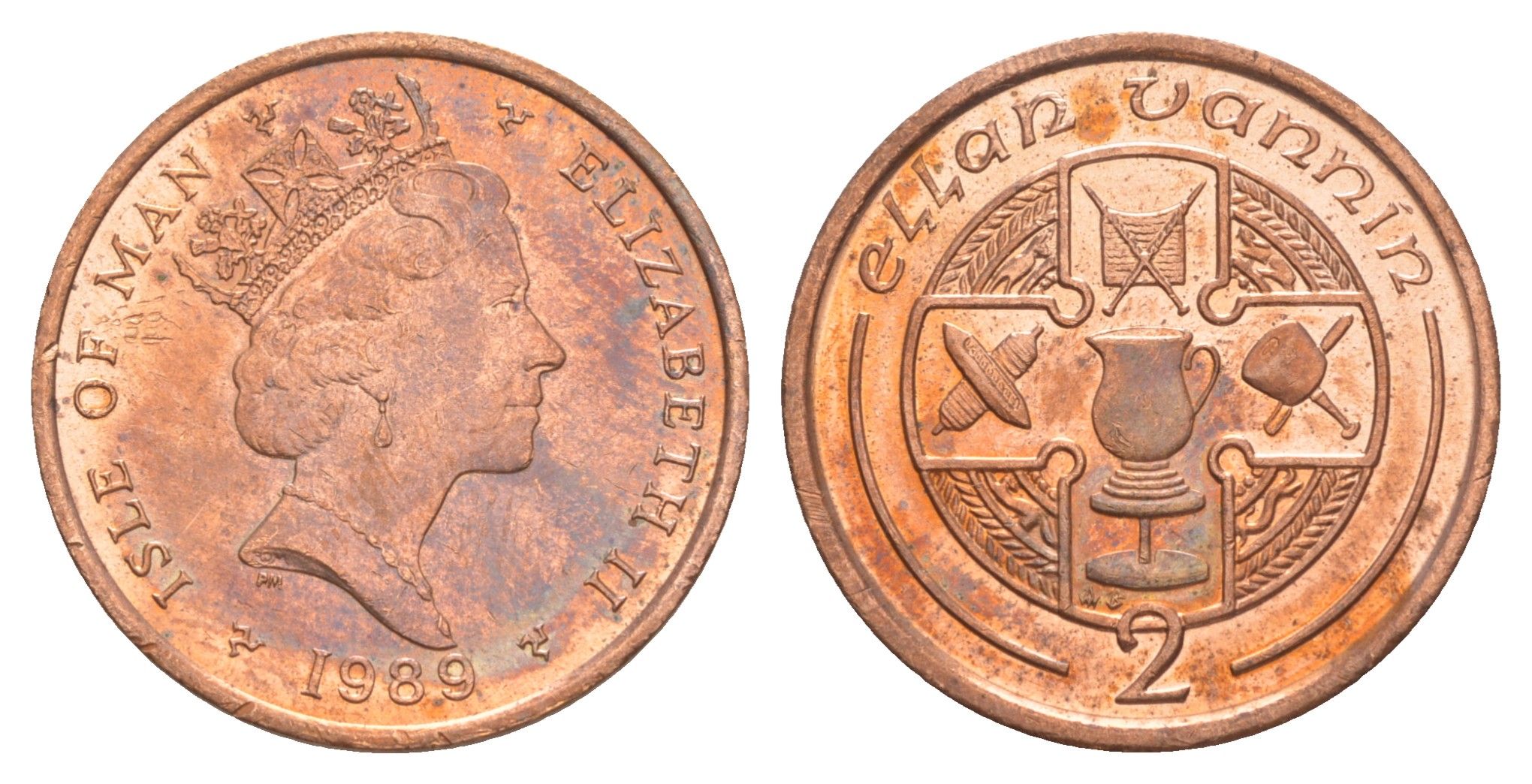 Остров Мэн 2 пенса 1989 Елизавета II (1952-2022) KM 208 бронза UNC 4648-211