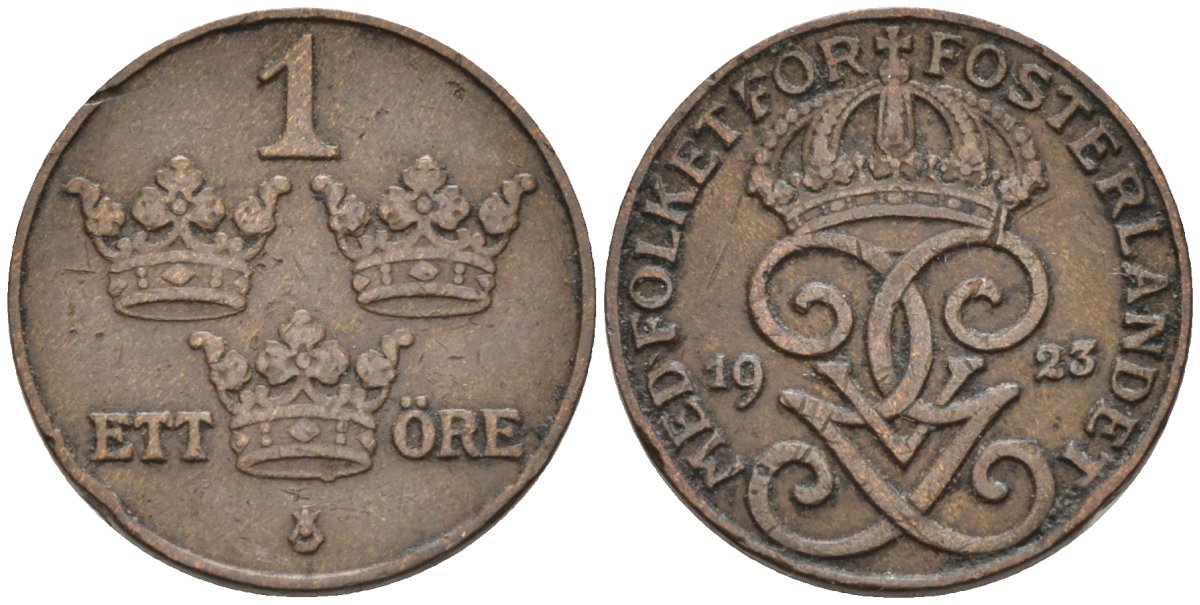 Швеция 1 эре 1923 Густав V (1907-1950) KM 777.2 бронза 4585-312