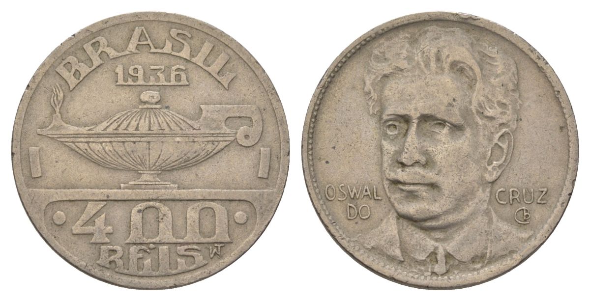 Бразилия 400 реалов 1936 Освалду Крус KM 539 медно-никель 4624-1213