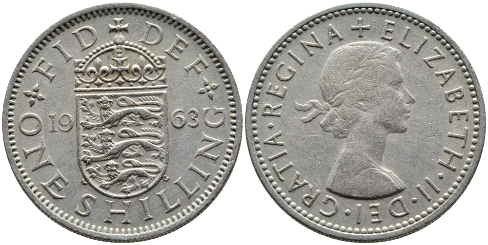 Великобритания 1 шиллинг 1963 Елизавета II (1952-2022), Английский герб KM 904, Spink 4147 медно-никель 4393-314