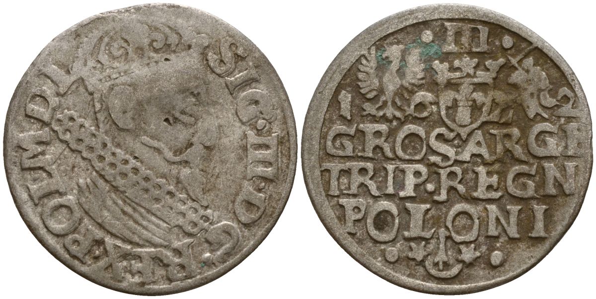 Польша, Эльбинг трояк (3 гроша) 1622 Сигизмунд III Ваза (1587-1632), Монетный двор Краков, герб "Сас" - управляющий монетного двора Миколай Данилович в 1616-1624 Iger K.22.1.a, KM 31 серебро 4160-249