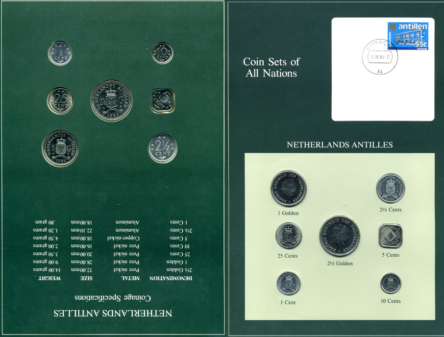 Нидерландские Антилы набор из 7 монет 1982-1984 серия наборы мира,Беатрикс (1980-2013), запайка в буклете с маркой UNC 14-01-03-10