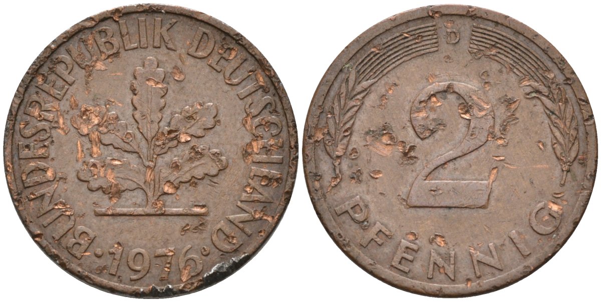 ФРГ 2 пфеннига 1976 D KM 106а сталь плакированная медью 4580-357