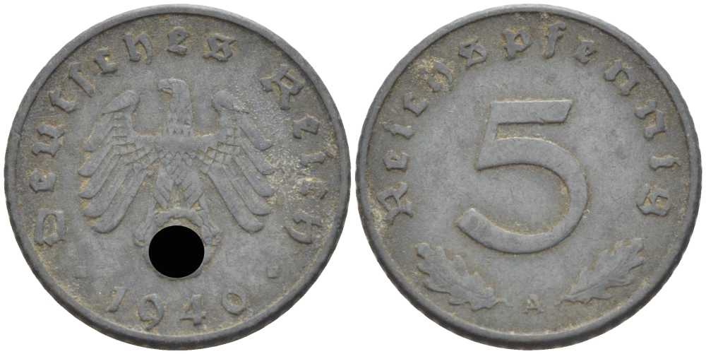 ГЕРМАНИЯ 5 РЕЙХСПФЕННИГОВ 1940 A KM 100, J. 370 цинк 105-236