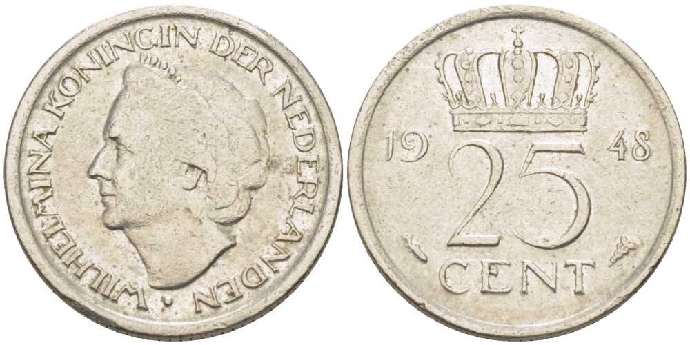 НИДЕРЛАНДЫ 25 ЦЕНТОВ 1948 ВИЛЬГЕЛЬМИНА (1890-1948) KM 177 никель 211-622