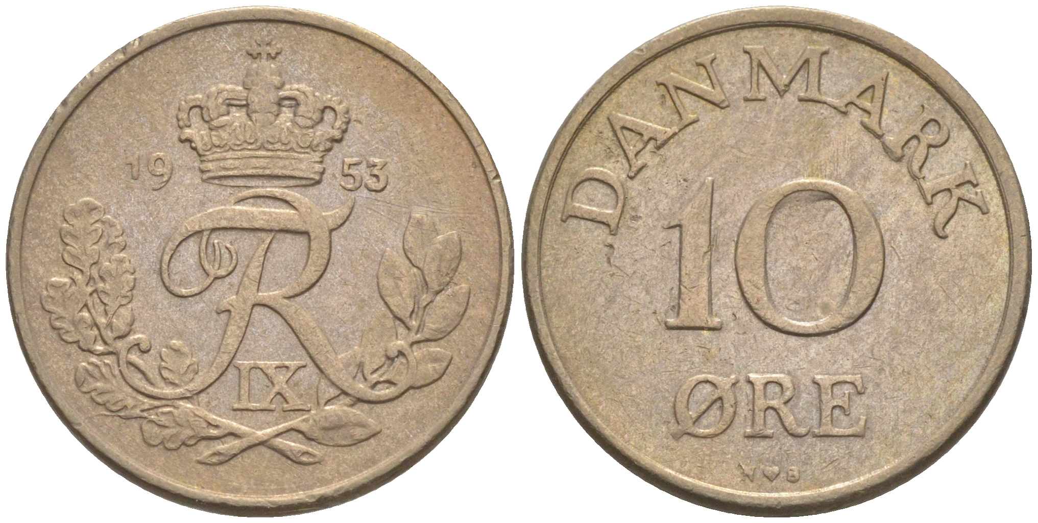 Дания 10 эре 1953 N; S, Фредерик IX (1947-1972) KM 841.1 медно-никель aUNC 187-629