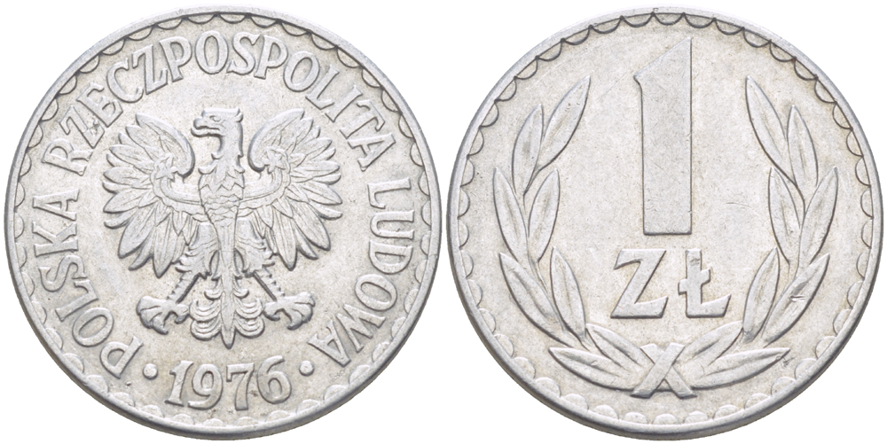 ПОЛЬША 1 ЗЛОТЫЙ 1976 КРЕМНИЦА KM 49.1, Parchimowicz 213n алюминий 216-827