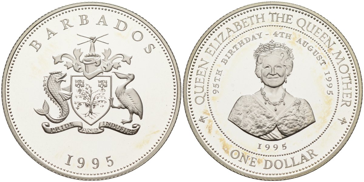 Барбадос 1 доллар 1995 95 лет со дня рождения Королевы-матери KM 65 серебро PROOF 1096-4-21