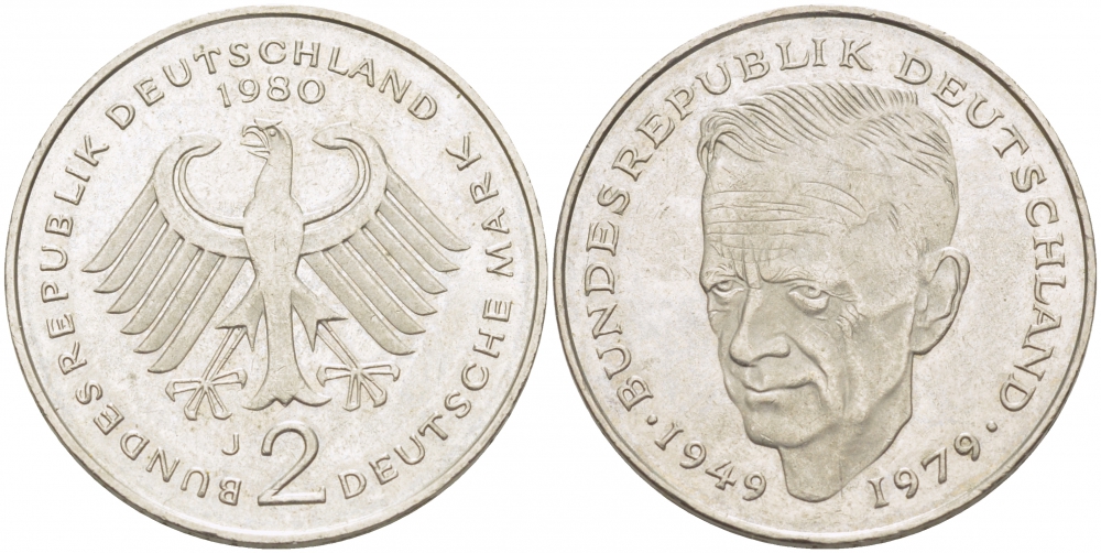 ФРГ 2 МАРКИ 1980 J, КУРТ ШУМАХЕР KM 149, J. 424 медно-никель плакированный никелем 3718-1031