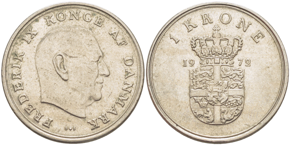 Дания 1 крона 1972 S; S, Фредерик IX (1947-1972) KM 851.2 медно-никель 67-1032