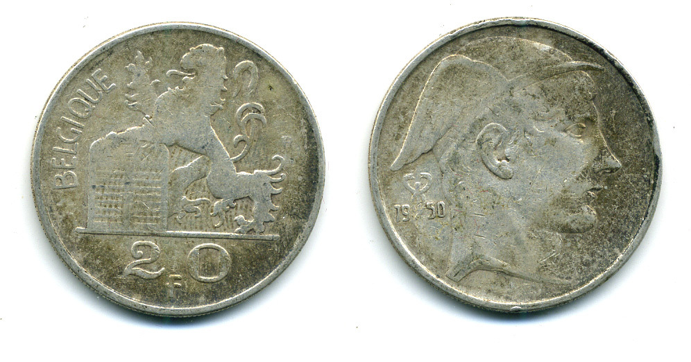 Бельгия 20 франков 1950 Леопольд III (1934-1950), BELGIQUE KM 140.1 серебро 86-1522