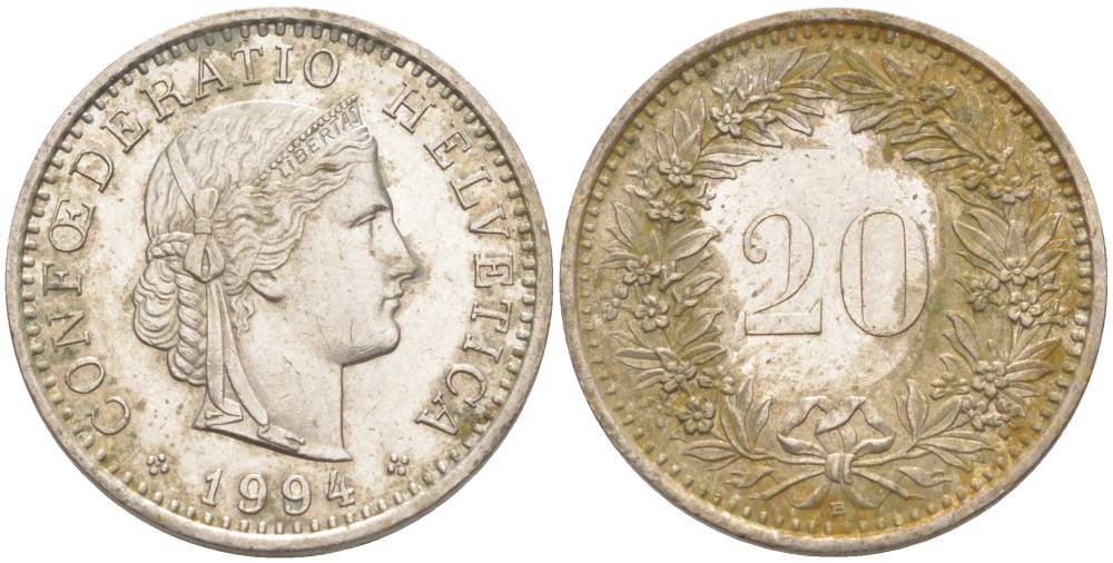 ШВЕЙЦАРИЯ 20 РАППЕНОВ 1994 В KM 29a медно-никель 55-1043