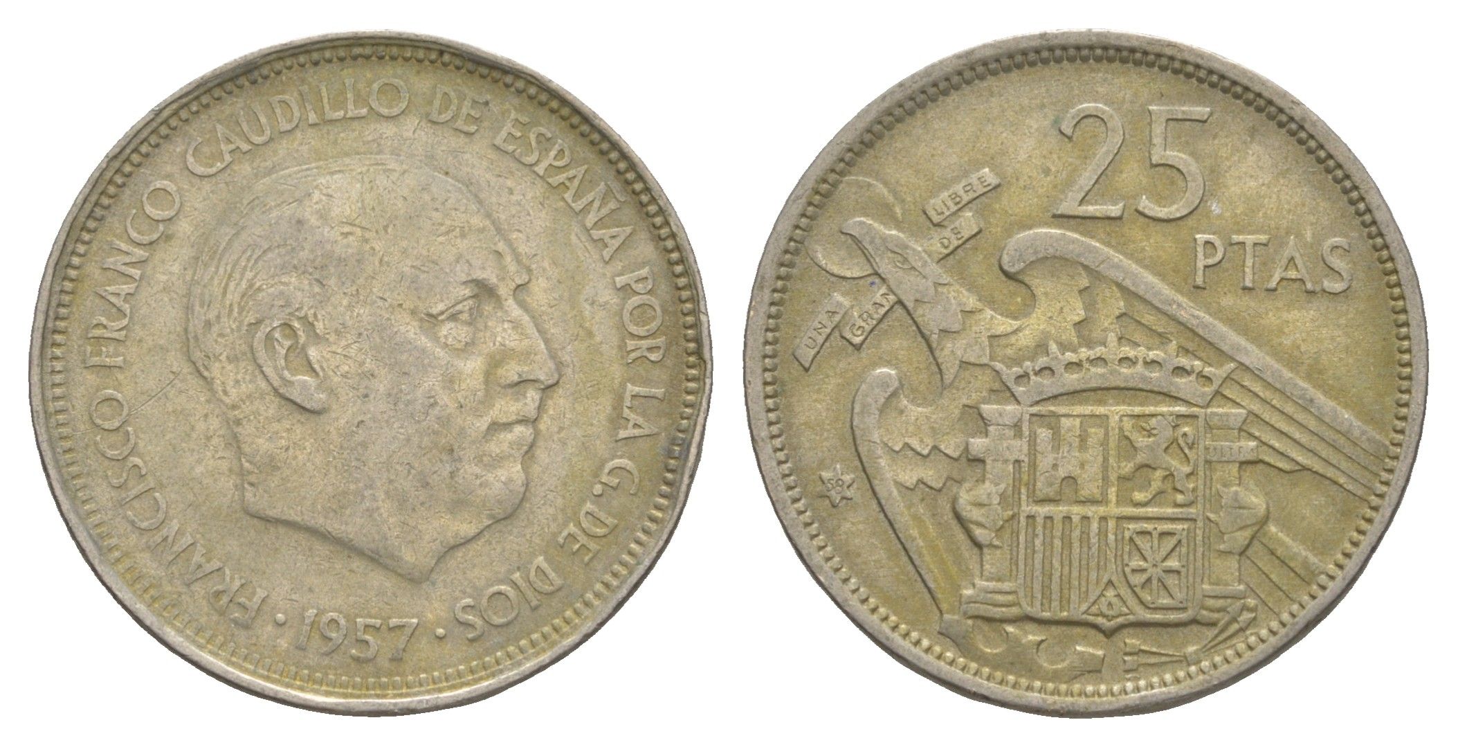 Испания 25 песет 1957 (58) Франсиско Франко (1939-1975) KM 787 медно-никель 4538-442