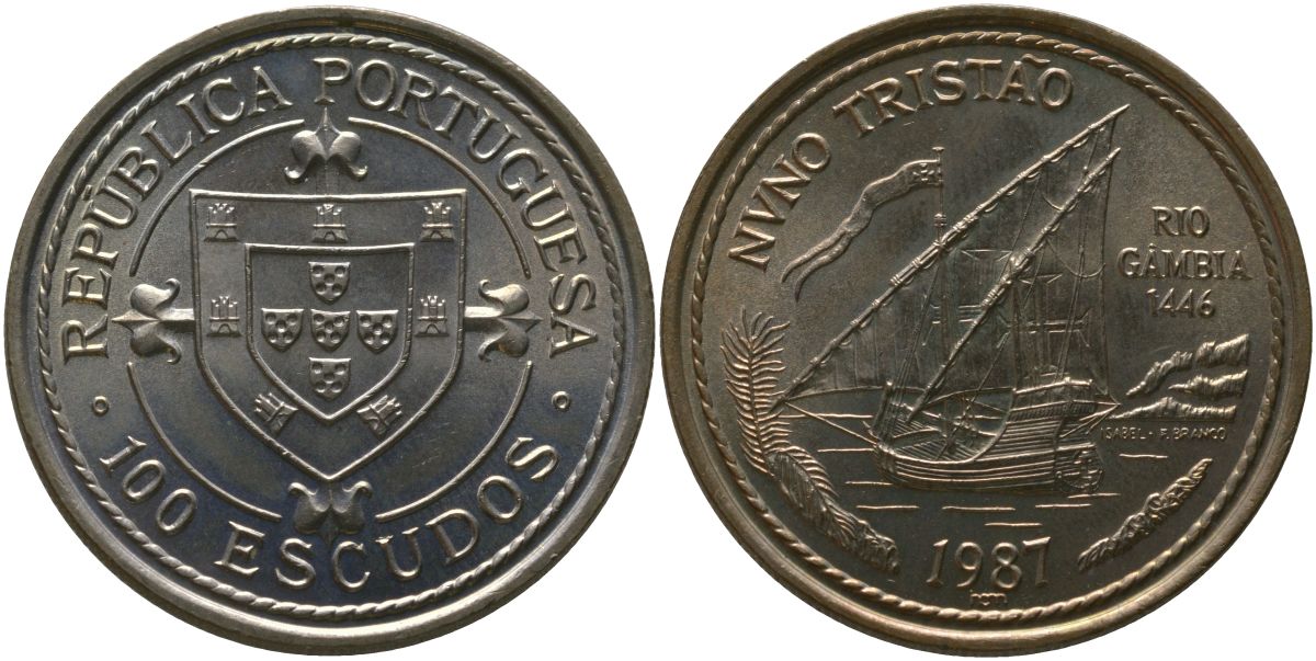 Португалия 100 эскудо 1987 INCM, Золотой век открытий - Нуну Триштан KM 640 медно-никель aUNC 4587-1123