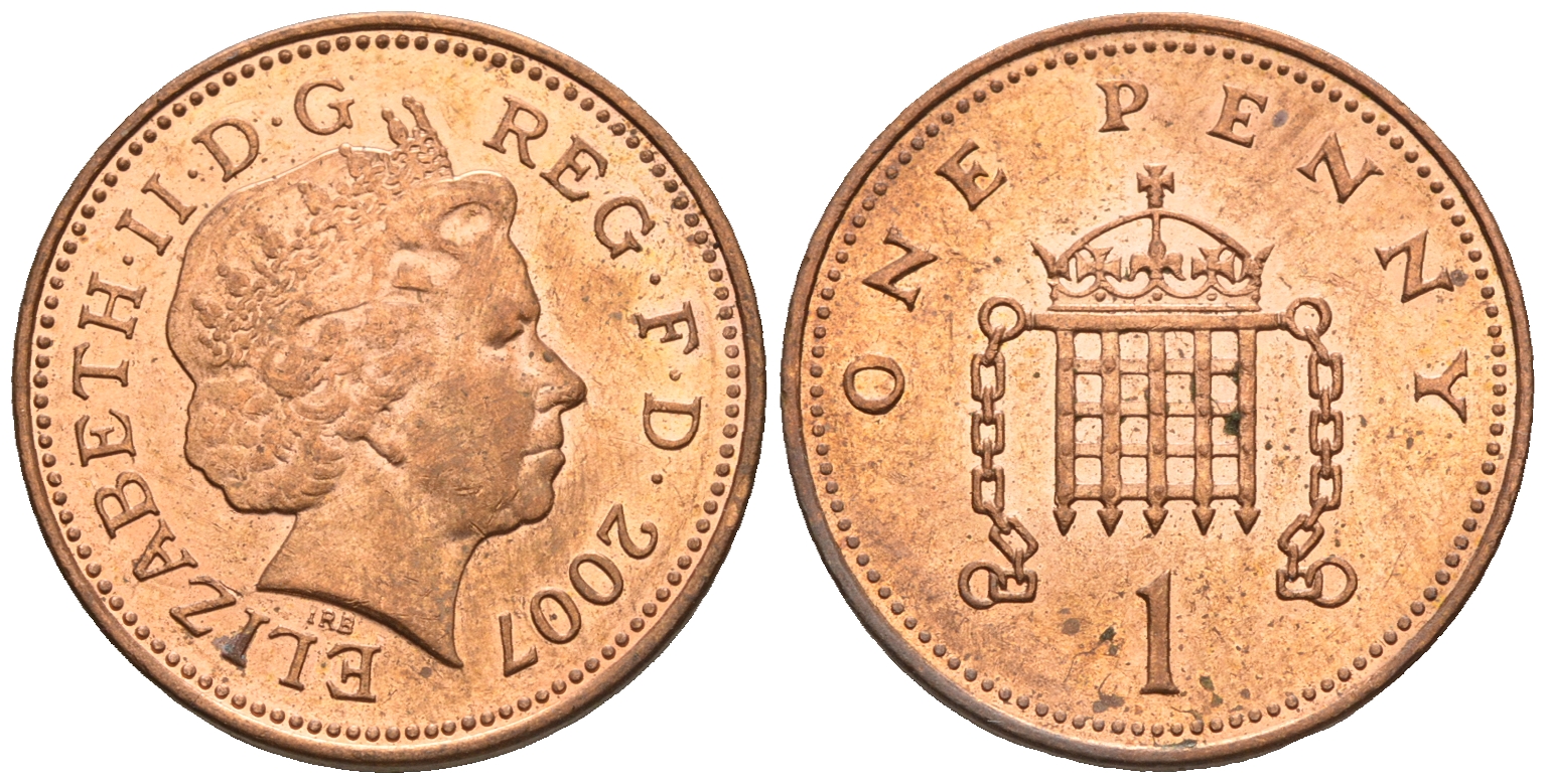 Великобритания 1 пенни 2007 Елизавета II (1952-2022) KM 986, Spink 4710 (B5) сталь плакированная медью 4609-636