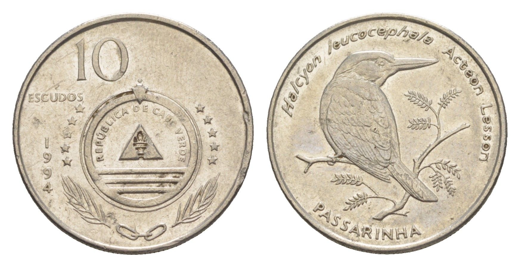 Кабо-Верде 10 эскудо 1994 Птицы - Сероголовая альциона (halcyon leucocephala) KM 29 сталь плакированная никелем 4643-637