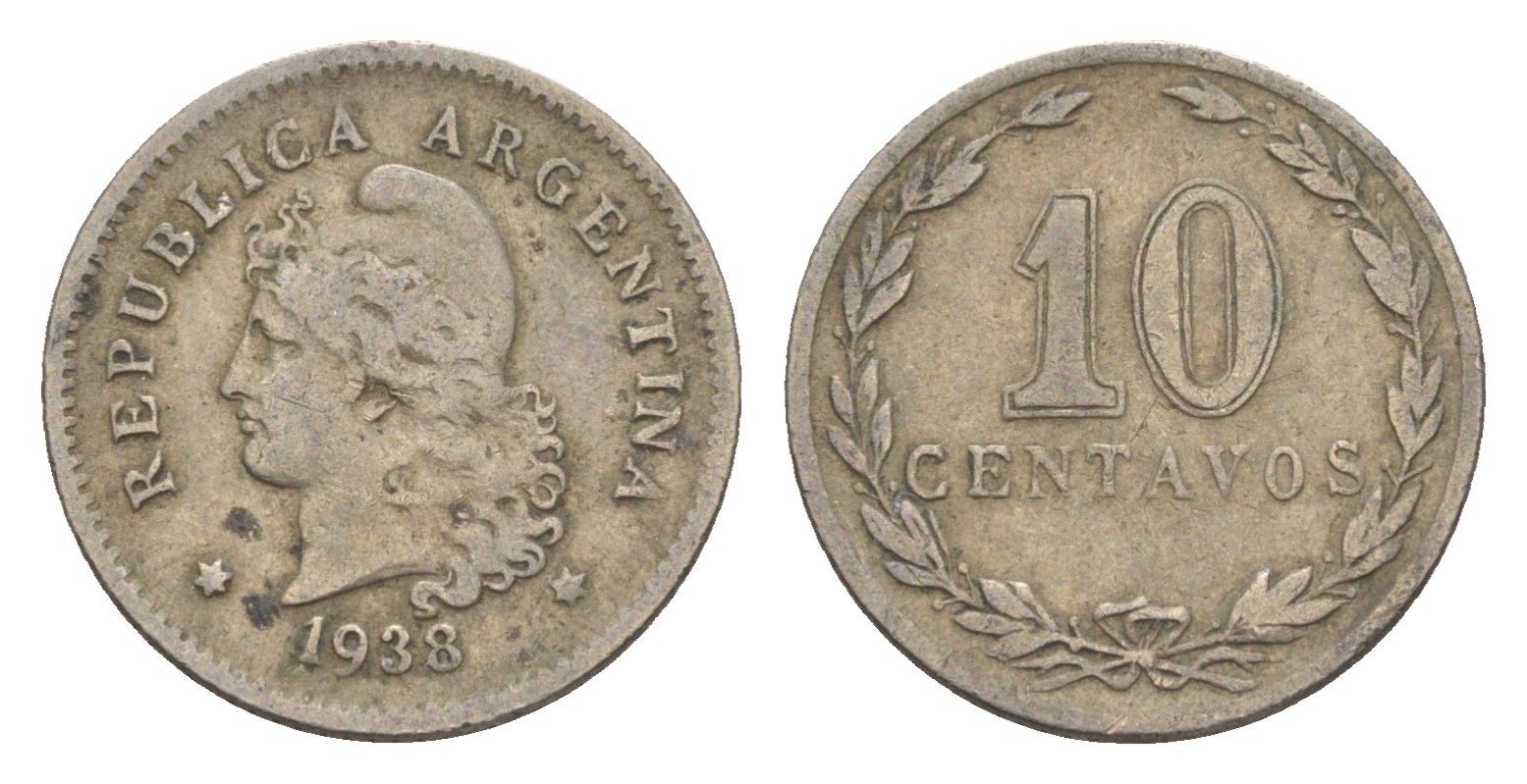 Аргентина 10 сентаво 1938 KM 35 медно-никель 4655-1012