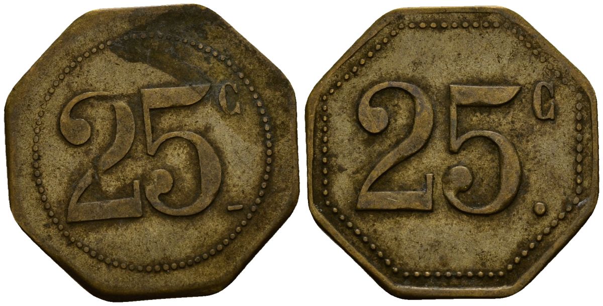 Франция 25 сантимов XIX-XX век ресторанный жетон латунь 4166-523