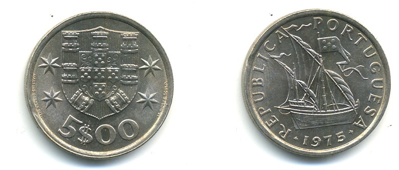 ПОРТУГАЛИЯ 5 ЭСКУДО 1975 ПАРУСНИК KM 591 медно-никель 176-223