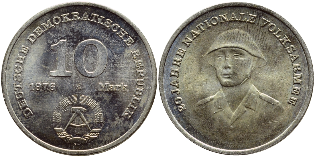 ГДР 10 марок 1976 А, 20 лет национальной народной армии KM 61, J. 1560 медно-никель UNC 4379-1226