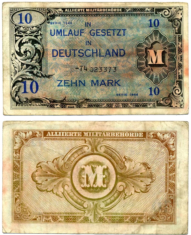 Германия 10 марок 1944 восьмизначный номер, без F Pick 194, Розенберг 203d бумага 2195-29-1-2