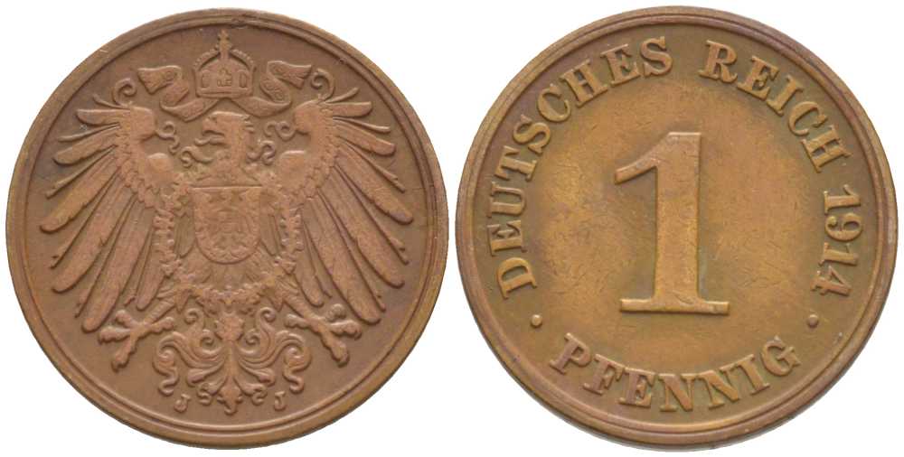 ГЕРМАНИЯ 1 ПФЕННИГ 1914 J KM 10, J. 10, Weege 2 медь 206-432