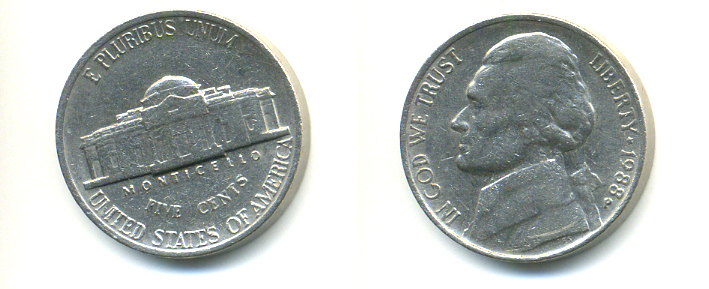 США 5 ЦЕНТОВ 1988 P, ДЖЕФФЕРСОН KM А192 медно-никель 179-737