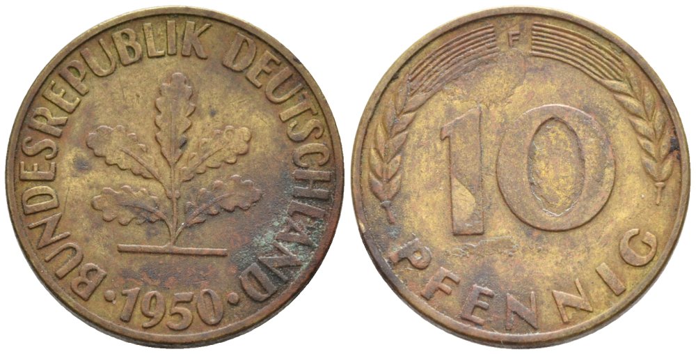 ФРГ 10 пфеннигов 1950 F KM 108 сталь плакированная латунью 4577-432