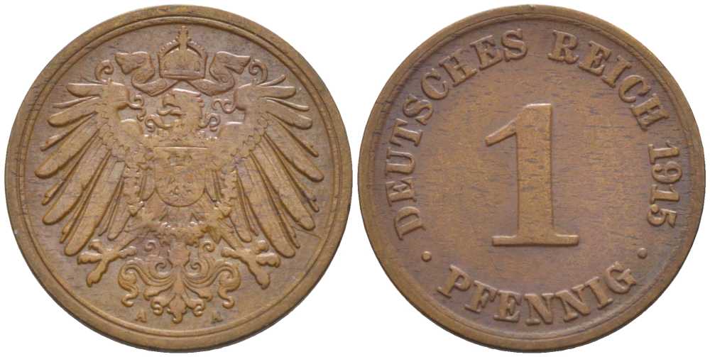 ГЕРМАНИЯ 1 ПФЕННИГ 1915 A KM 10, J. 10, Weege 2 медь 206-444