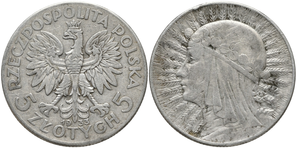 Польша 5 злотых 1933 w, королева Ядвига KM 21 серебро 4175-235