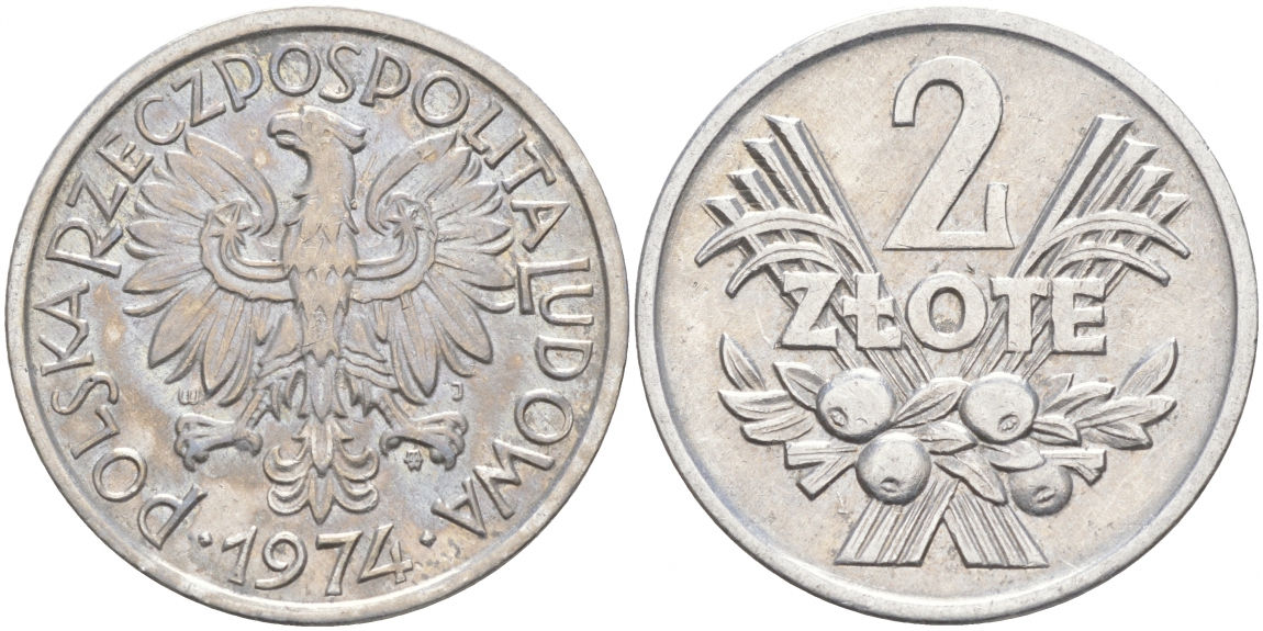 ПОЛЬША 2 ЗЛОТЫХ 1974 MW KM 46 алюминий 69-326