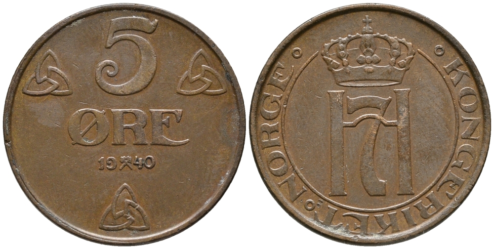 НОРВЕГИЯ 5 ЭРЕ 1940 ХОКОН VII (1905-1957) KM 368 бронза 67-133