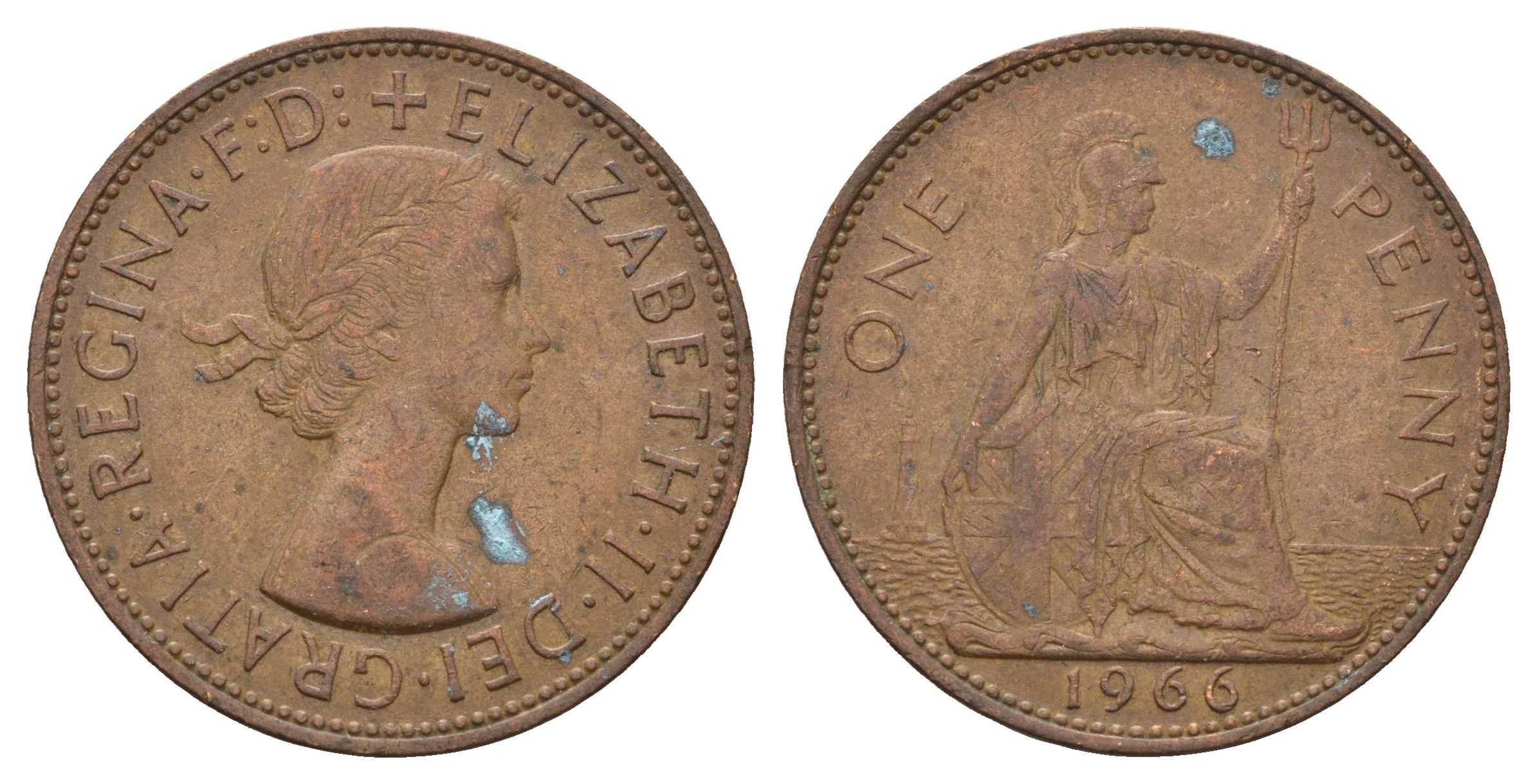 Великобритания 1 пенни 1966 Елизавета II (1952-2022) KM 897, Spink 4157 бронза 221-924