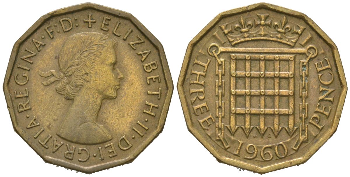 Великобритания 3 пенса 1960 Елизавета II (1952-2022) KM 900, Spink 4153 никель латунь aUNC 4163-821