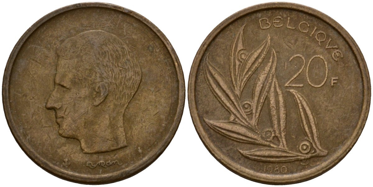 Бельгия 20 франков 1980 Belgique, Бодуэн I (1951-1993) KM 159 никель бронза 4601-331