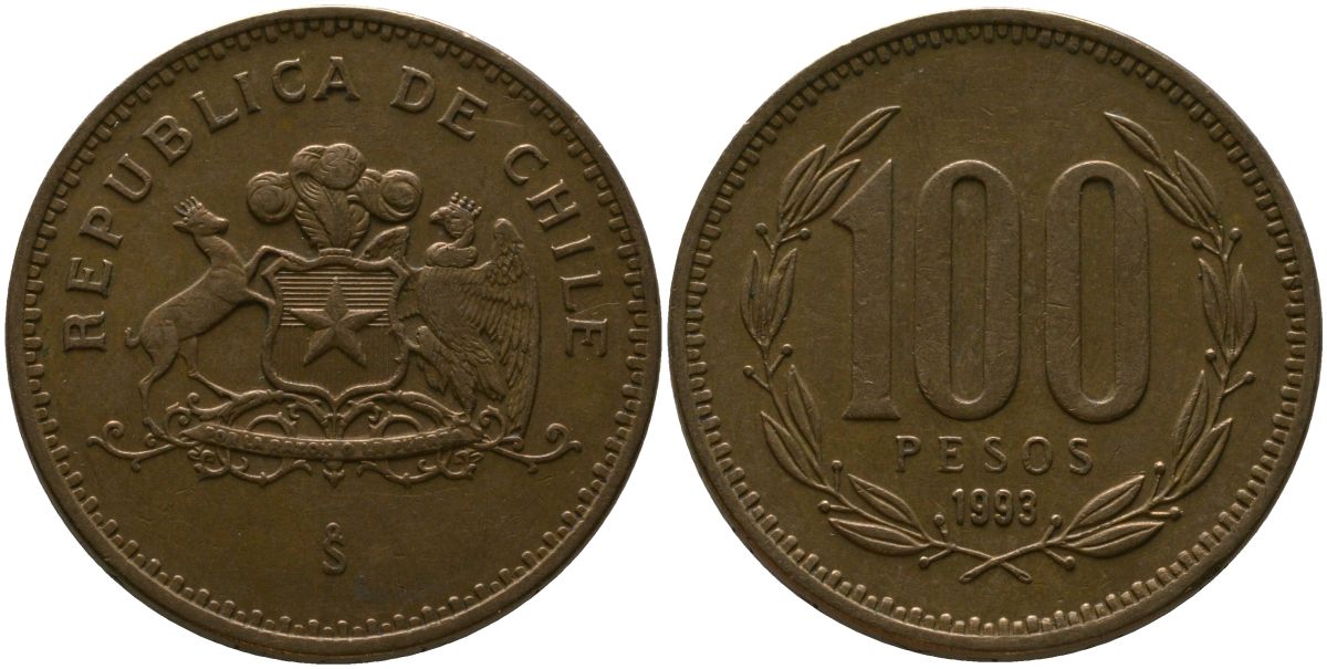 Чили 100 песо 1993 So KM 226.2, Schon 71 алюминиевая бронза 4544-1147