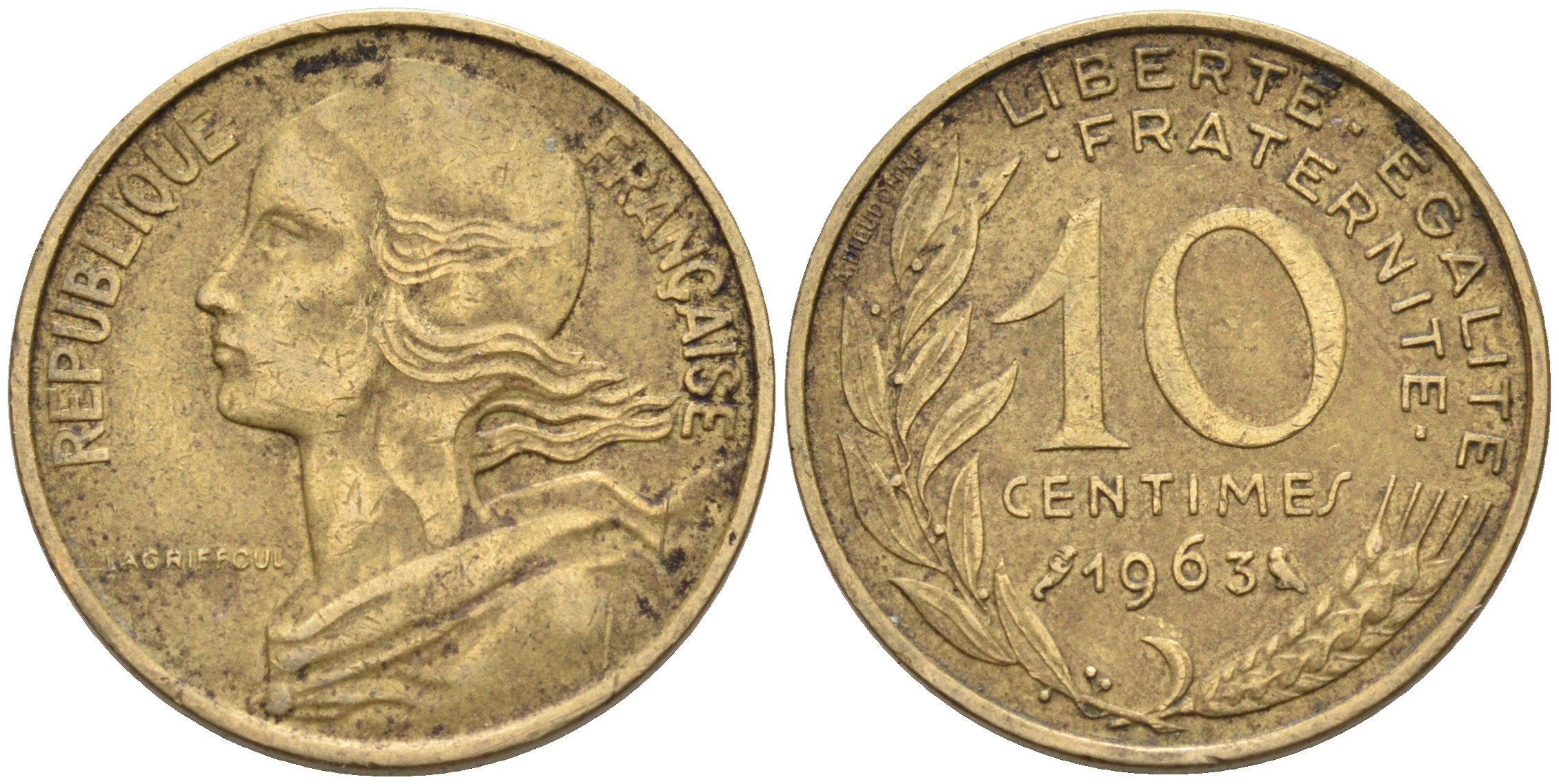 ФРАНЦИЯ 10 САНТИМОВ 1963 ТИП MARIANE KM 929, LE FRANC 144.3 алюминиевая бронза 4588-351
