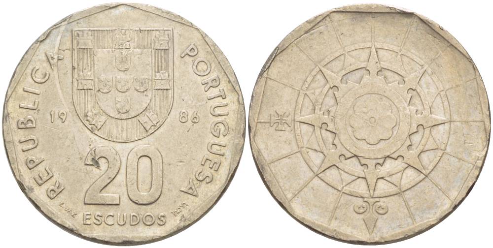 ПОРТУГАЛИЯ 20 ЭСКУДО 1986 INCM KM 634.1 медно-никель 4551-1033