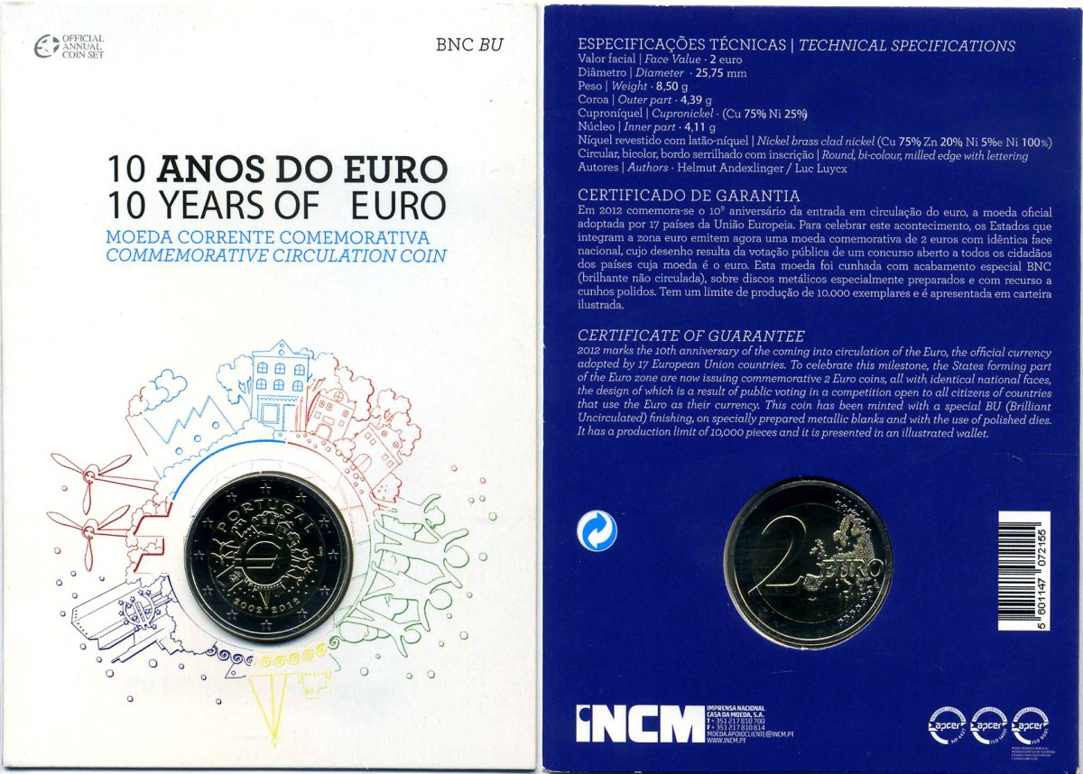 Португалия 2 евро 2012 10 лет монетарной политике и наличному евро, запайка, картонный буклет KM 812 биметалл BUNC 3-4-8-43